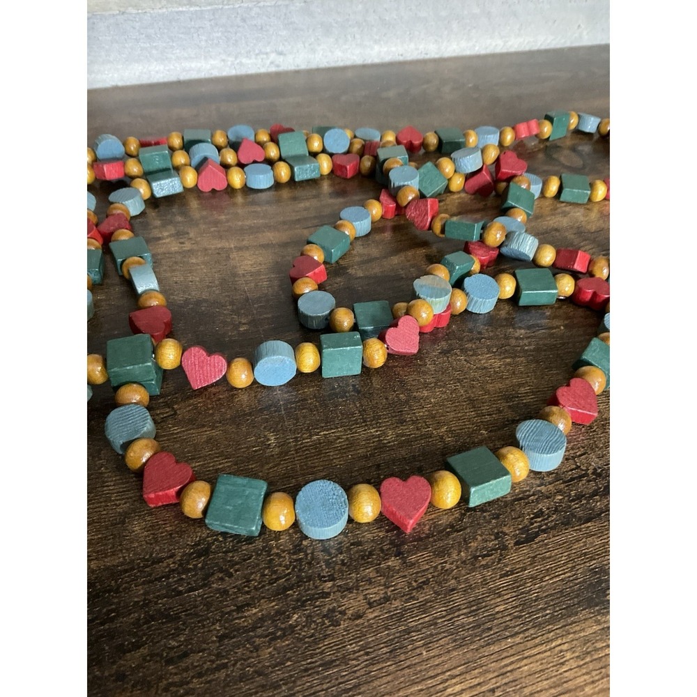 Garland Wooden Beads Hearts Round Square Homestead Country Colorful 108 Inches